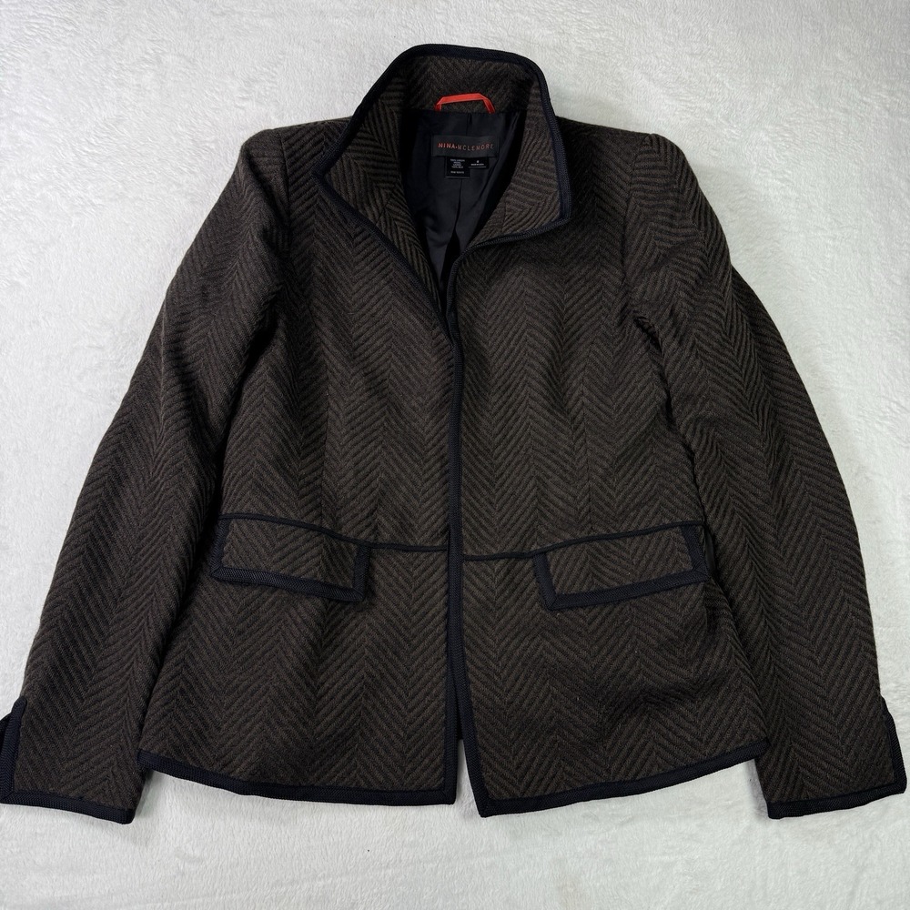 Nina McLeMore Virgin Wool Tweed Blazer Jacket Womens 6 Silk Workwear Herringbone
